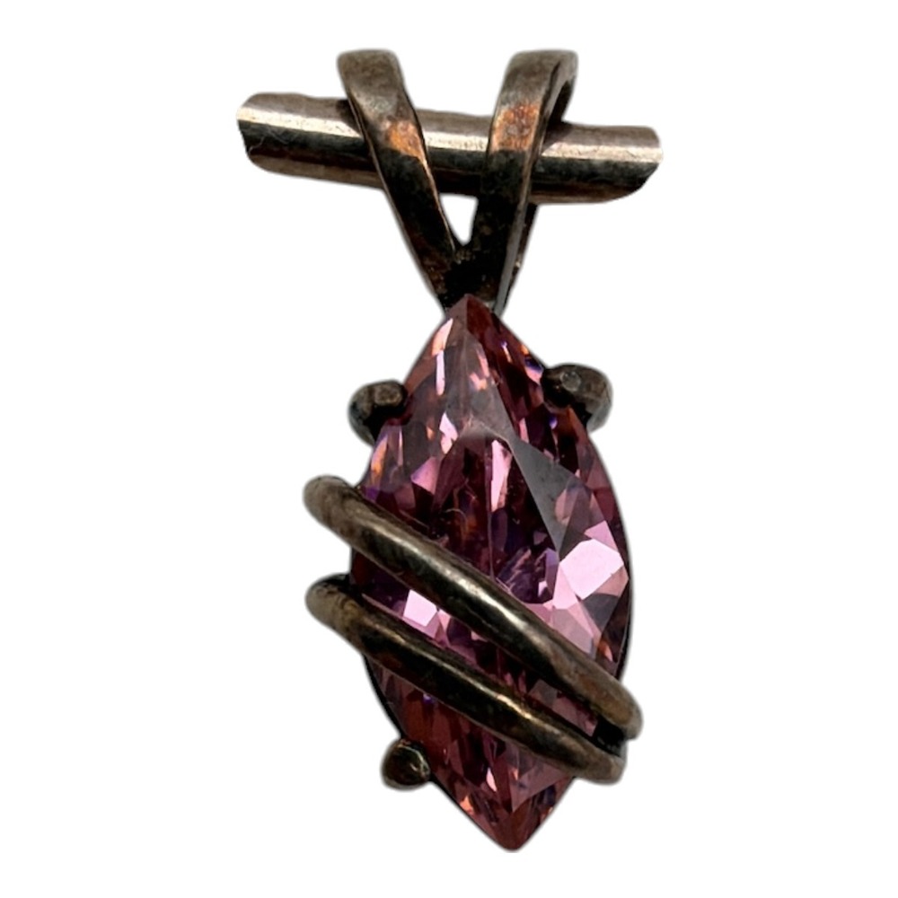 Sterling Silver Pink Stone Marquise Pendant Necklace Choker Mexico 5 3/4"‎ Dia.